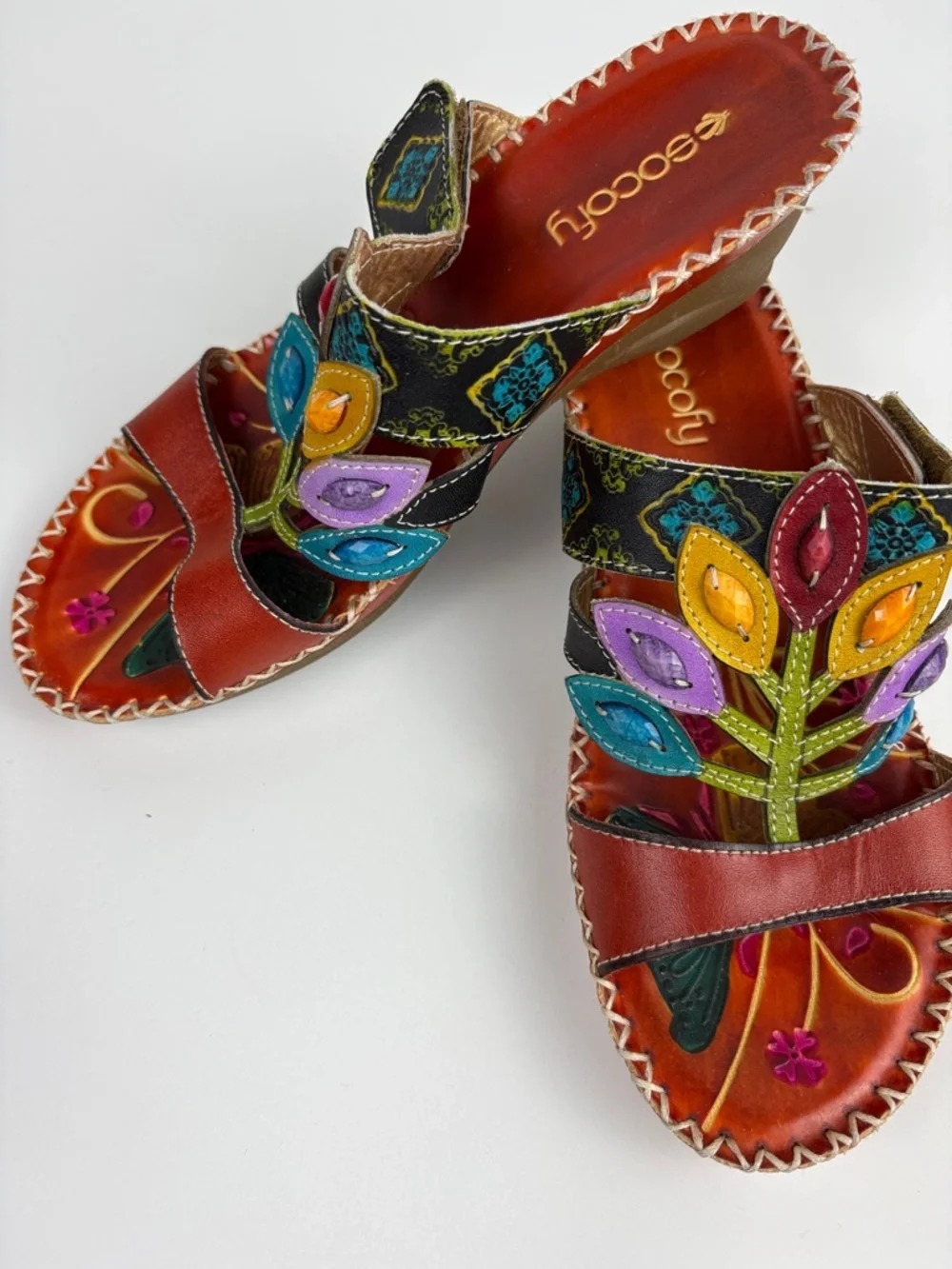 Socofy Colorful Sandals Women’s EU 39/US 8.5 Leather Leaf Cutout Style Slip On